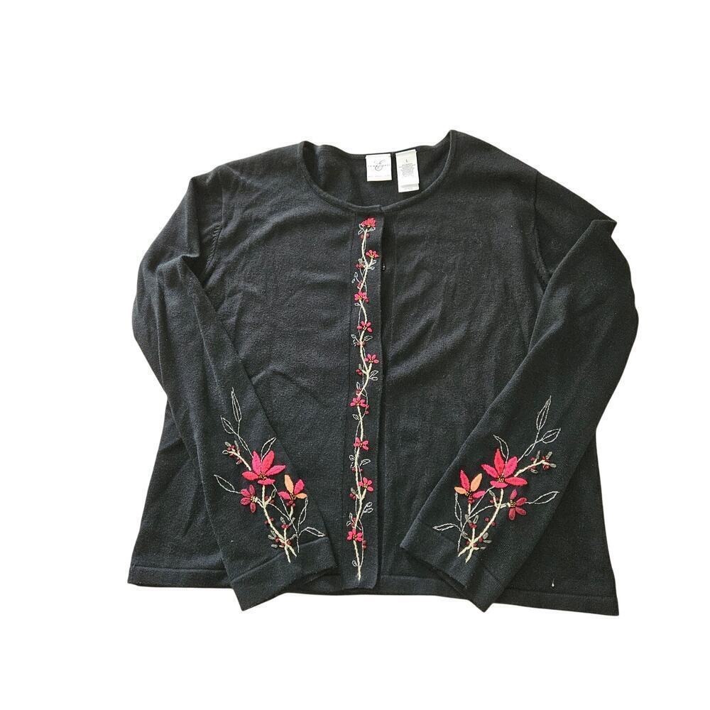 Floral Embroidery Black Snap Front Cardigan Womens Size Large - Picture 2 of 6